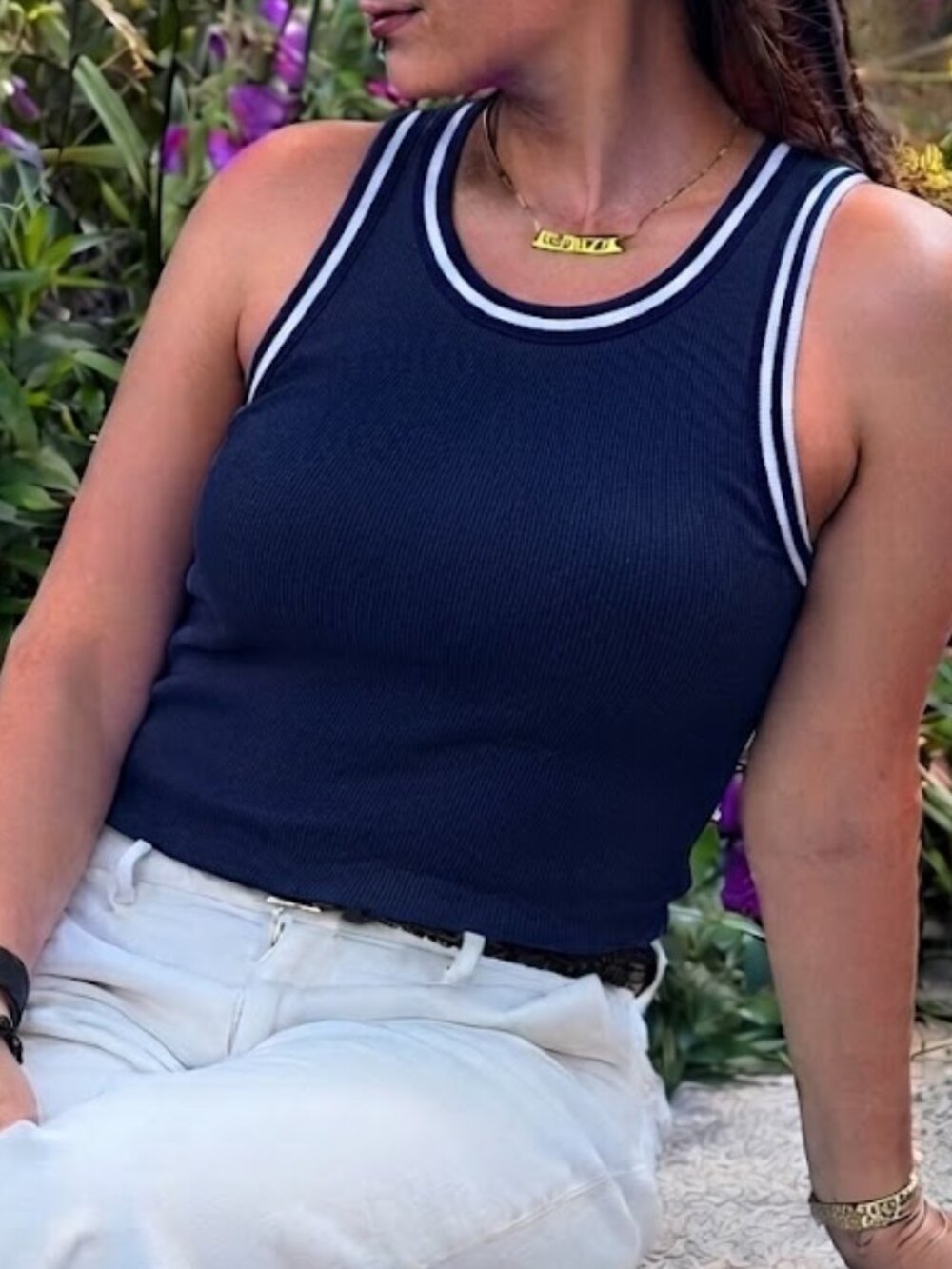 NWT! Uniqlo - Ribbed Cropped Bra Tank Top 473987(52-021) | Navy |& White | XL - Picture 7 of 12